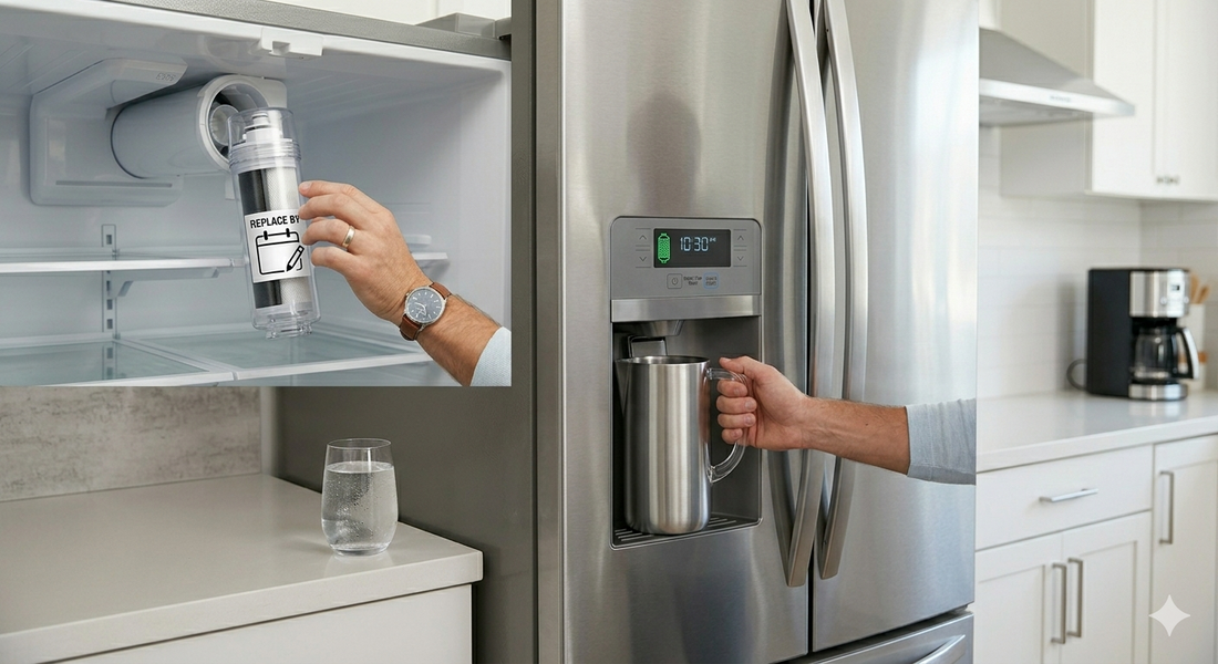 Commercial image of a refrigerator water filter replacement in a modern fridge to ensure clean drinking water and fix slow water dispenser flow.