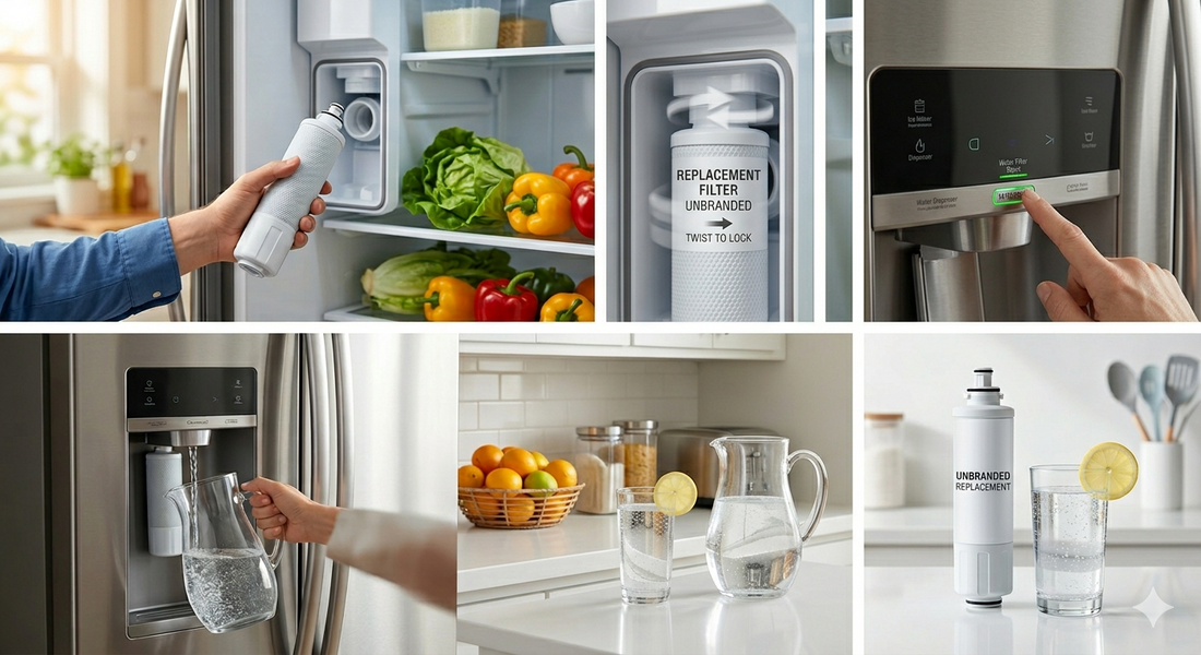 Commercial AI-generated collage showing a person replacing a Kenmore refrigerator water filter and pouring a glass of fresh, clean water in a modern kitchen.